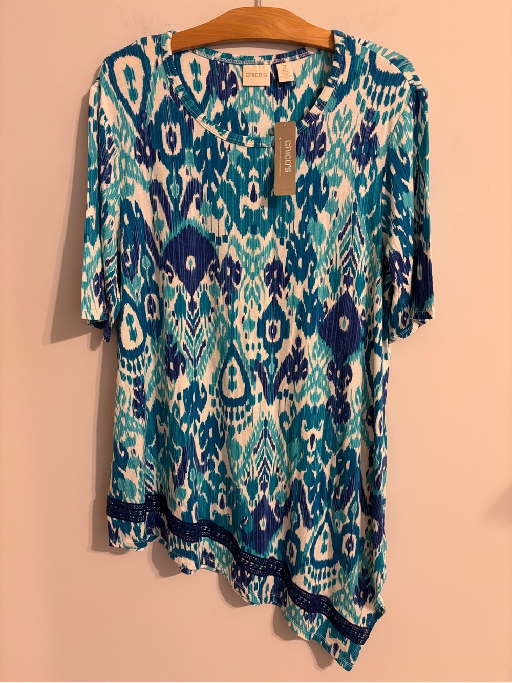 Chico’s NWT Artful Ikat Asymmetrical Crochet hem knit top